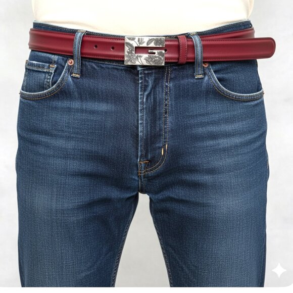 Gucci 709979 Unisex Red Leather Belt with Engraved design G Buckle, 105, 100cm - Picture 1 of 15